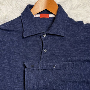 ISAIA NAPOLI Polo Shirt Mens XXL Blue Wool Cotton Knit Long Sleeve Made In Italy